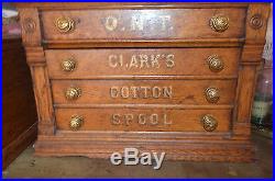 Antique Clark's Oak Wood 4 Drawer Sewing Spool Box Chest