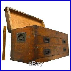Antique DOVETAIL WOOD MACHINIST CHEST Sexy Old 2-DRAWER TOOL BOX Brass Hardware
