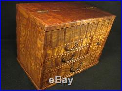 Antique Japanese Burl Mulberry Wood 6 Drawer Haribako Sewing Tansu Chest Secre