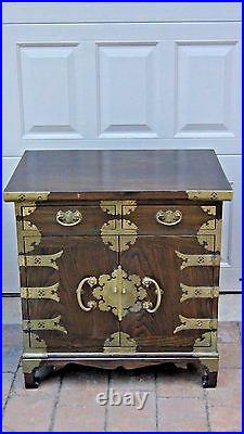Antique Korean Carved 2 Drawers Chest /cabinet With Brass Etched Decoration #1