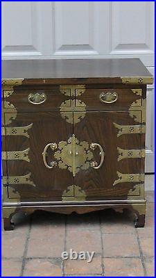 Antique Korean Carved 2 Drawers Chest /cabinet With Brass Etched Decoration #1