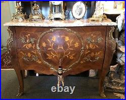 Antique Marble Top 2 Drawer Bombe Chest with Inlay Bronze Detail and Lock & Key