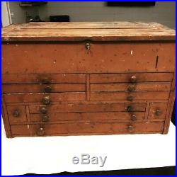 Antique Primitive 11 Drawer Machinist Wood Tool Box / Chest Secret Locking 1800s