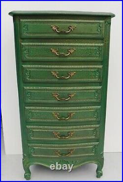 Antique/Vtg GREEN & GOLD Crackle Finish Wood Lingerie Chest of 7 Drawers Dresser