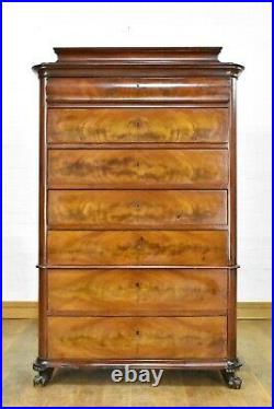 Antique flame mahogany continental tallboy chest of drawers