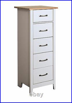 Balham Grey Painted 5 Drawer Narrow Slim Chest / Tallboy with Oak Style Top