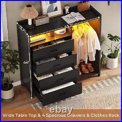 Bedroom Dressers Chests of Drawers 4 Drawer Dresser with Clothing Rack LED Light