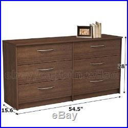 Bedroom Storage Dresser Chest Double 6 Drawer Modern Brown Walnut