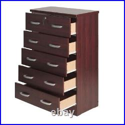 Better Home Products Cindy 5 Drawer Chest Wooden Dresser with Lock in Mahogany