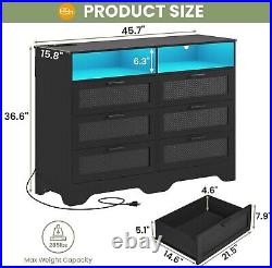 Black 6 Drawer USB Dresser Wooden Large Capacity Storage LED Chest Wide Dresser