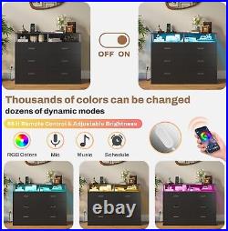 Black Chest of 6 Drawers Dresser for Bedroom with LED Light and Charging Station