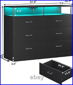 Black Chest of 6 Drawers Dresser for Bedroom with LED Light and Charging Station