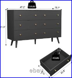 Black Dresser for Bedroom, Modern 6 Drawer Dresser, Wide Chest of Drawers with G