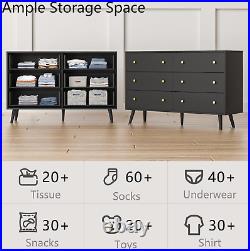 Black Dresser for Bedroom, Modern 6 Drawer Dresser, Wide Chest of Drawers with G