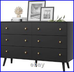 Black Dresser for Bedroom, Modern 6 Drawer Dresser, Wide Chest of Drawers with G