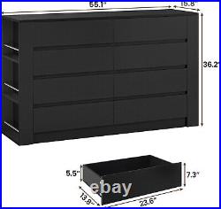 Black Dresser for Bedroom, Modern 8 Drawer Dresser with Side Storage Shelves