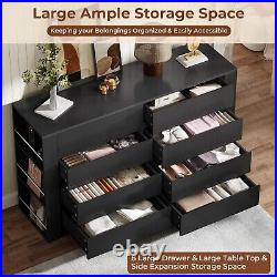 Black Dresser for Bedroom, Modern 8 Drawer Dresser with Side Storage Shelves