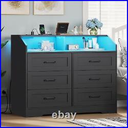 Black Dresser for Bedroom with LED Lights and Charging Station, 6 Drawers Chest