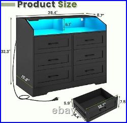 Black Dresser for Bedroom with LED Lights and Charging Station, 6 Drawers Chest