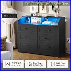 Black Dresser for Bedroom with LED Lights and Charging Station, 6 Drawers Chest