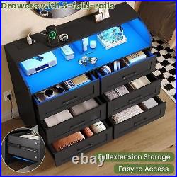 Black Dresser for Bedroom with LED Lights and Charging Station, 6 Drawers Chest