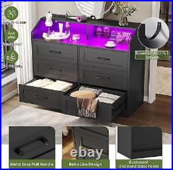 Black Dresser for Bedroom with LED Lights and Charging Station, 6 Drawers Chest