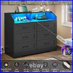 Black Dresser for Bedroom with LED Lights and Charging Station, 6 Drawers Chest