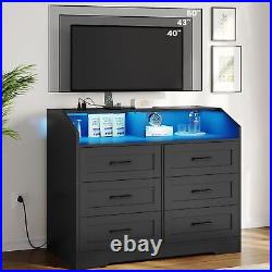 Black Dresser for Bedroom with LED Lights and Charging Station, 6 Drawers Chest