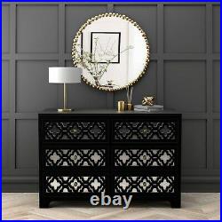 Black Mirrored 6 Drawer Chest of Drawers with Carved Detail Alexis