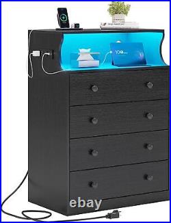 Black Tall Dresser Chest of 4 Drawers with Open Space and LED Lights for Bedroom