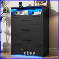 Black Tall LED Dresser with 4 Drawer for Bedroom, Modern Chest of 4 Drawers