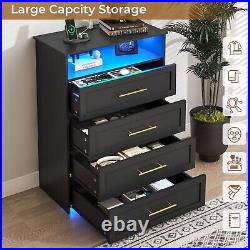 Black Tall LED Dresser with 4 Drawer for Bedroom, Modern Chest of 4 Drawers