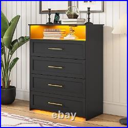 Black Tall LED Dresser with 4 Drawer for Bedroom, Modern Chest of 4 Drawers