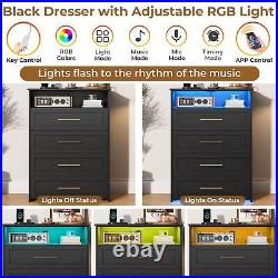 Black Tall LED Dresser with 4 Drawer for Bedroom, Modern Chest of 4 Drawers