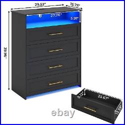 Black Tall LED Dresser with 4 Drawer for Bedroom, Modern Chest of 4 Drawers