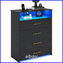 Black Tall LED Dresser with 4 Drawer for Bedroom, Modern Chest of 4 Drawers