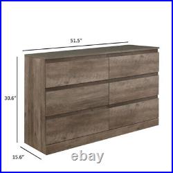 Brown Gray Wood 6 Drawer Dresser Chest Wide Rustic Wooden Set of Bedroom Drawers