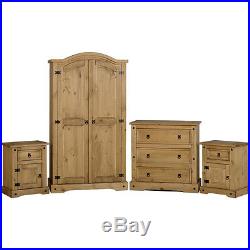 Corona 4pc Bedroom Set Waxed Pine Wooden Wardrobe Chest Bedside Cabinet Drawers