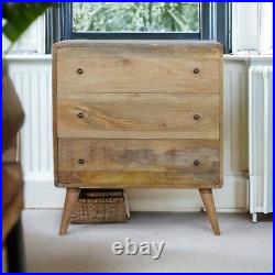 Curved Chest of 3 Drawers Oak Finish Mango Wood Dresser Bedroom Storage