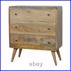 Curved Chest of 3 Drawers Oak Finish Mango Wood Dresser Bedroom Storage