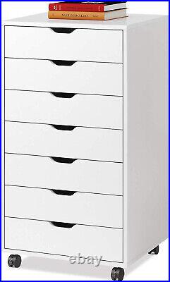 DEVAISE 7-Drawer Chest, Wood Storage Dresser File Cabinet with Wheels, White