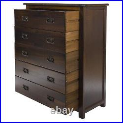 Dark Wood Chest of 5 Drawers Solid Pine Dresser Metal Handles Lacquered Finish