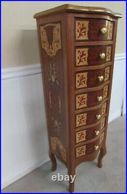 Decorator's Lingerie Chest, 7 Drawer Slender Dresser, Marquetry Inlay Style (c)