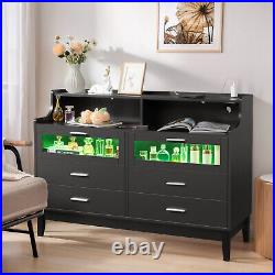 Double 6 Drawer Dresser Bedroom Chest Cabinet with LED Light and Shelf Organizer