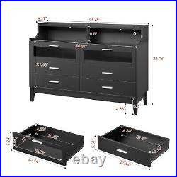 Double 6 Drawer Dresser Bedroom Chest Cabinet with LED Light and Shelf Organizer