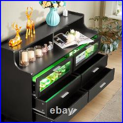 Double 6 Drawer Dresser Bedroom Chest Cabinet with LED Light and Shelf Organizer