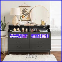 Double 6 Drawer Dresser Bedroom Chest Cabinet with LED Light and Shelf Organizer