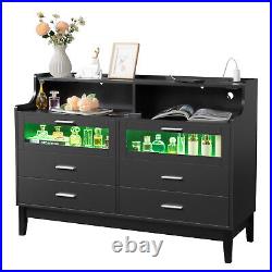 Double 6 Drawer Dresser Bedroom Chest Cabinet with LED Light and Shelf Organizer