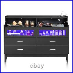 Double 6 Drawer Dresser Bedroom Chest Cabinet with LED Light and Shelf Organizer