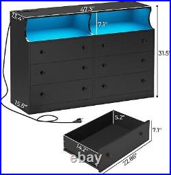 Drawer Dresser Wide Chest of 6 Drawers with LED Lights for Bedroom, Living Room